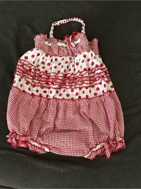 Kate Mack Vintage Red Gingham & Polka Dot Tiered Raffle Sundress / Romper 18M